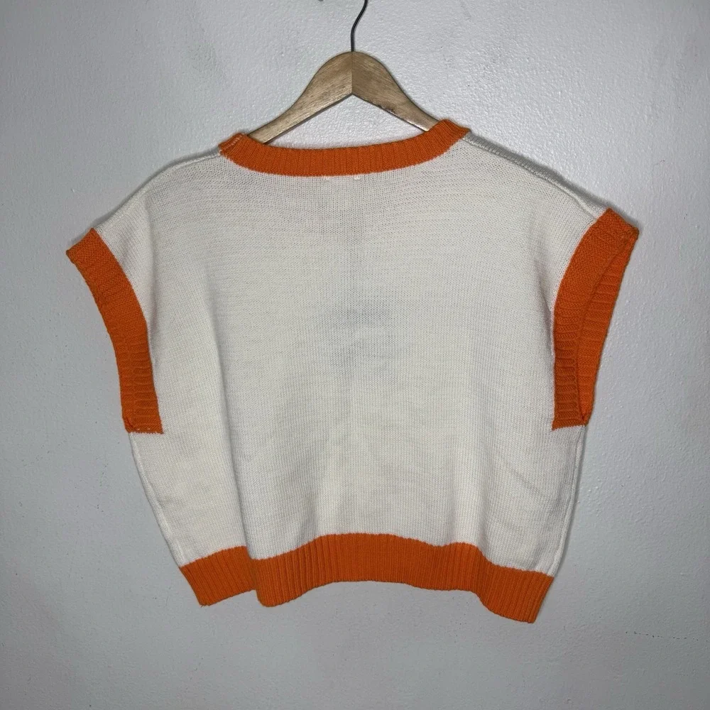New Le Lis Game Day Sequin Orange White Boxy Sweater Short Sleeve Women's Small